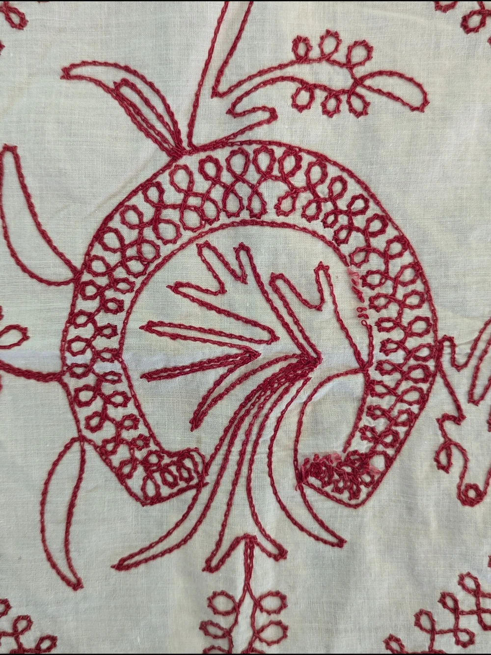 Red Embroidered Tablecloth Small Linen Folk Art Wall Hanging